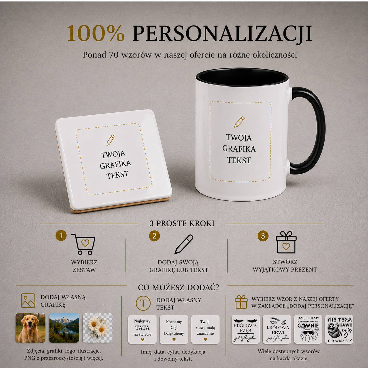 Personalizowany kubek z czarnym uchem i podkładki ceramicznej