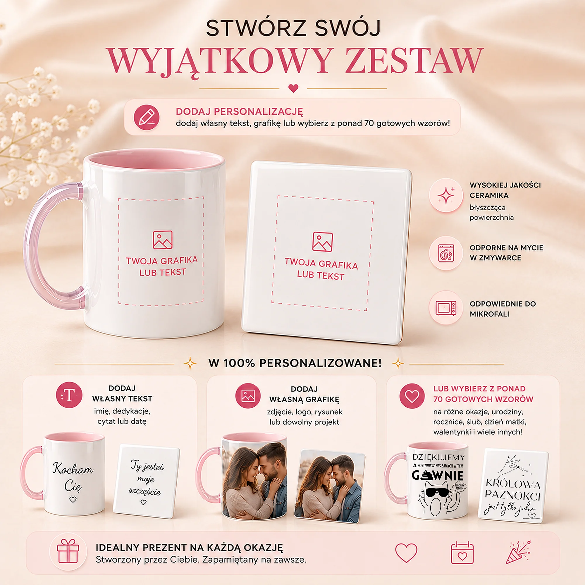 Warianty personalizacji boxa prezentowego z kubkiem i podkładką