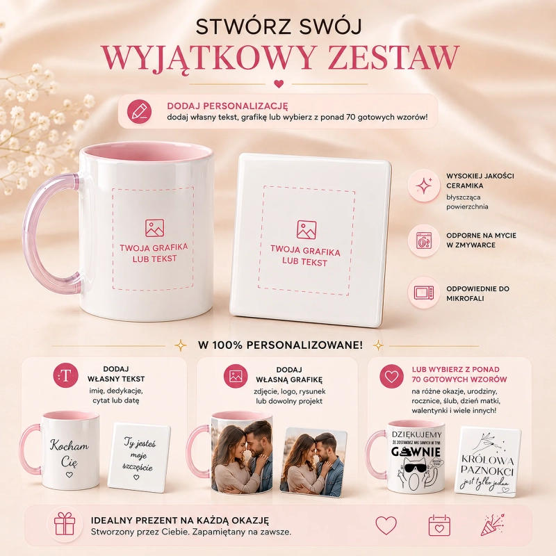 Warianty personalizacji boxa prezentowego z kubkiem i podkładką