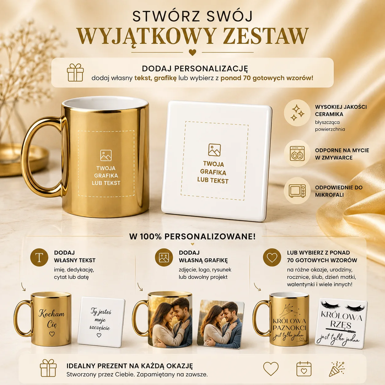 Warianty personalizacji złotego kubka 330 ml z własnym nadrukiem