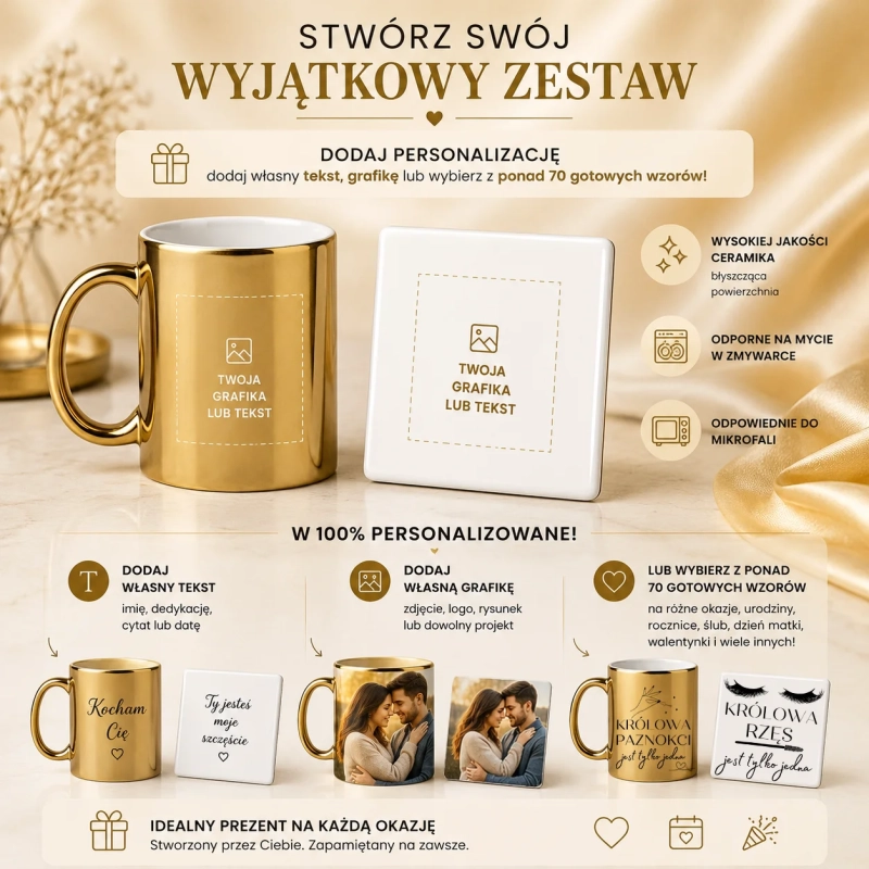 Warianty personalizacji złotego kubka 330 ml z własnym nadrukiem