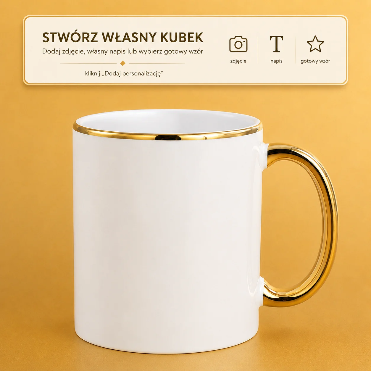 Personalizowany biały kubek 330 ml ze złotym rantem i uchem
