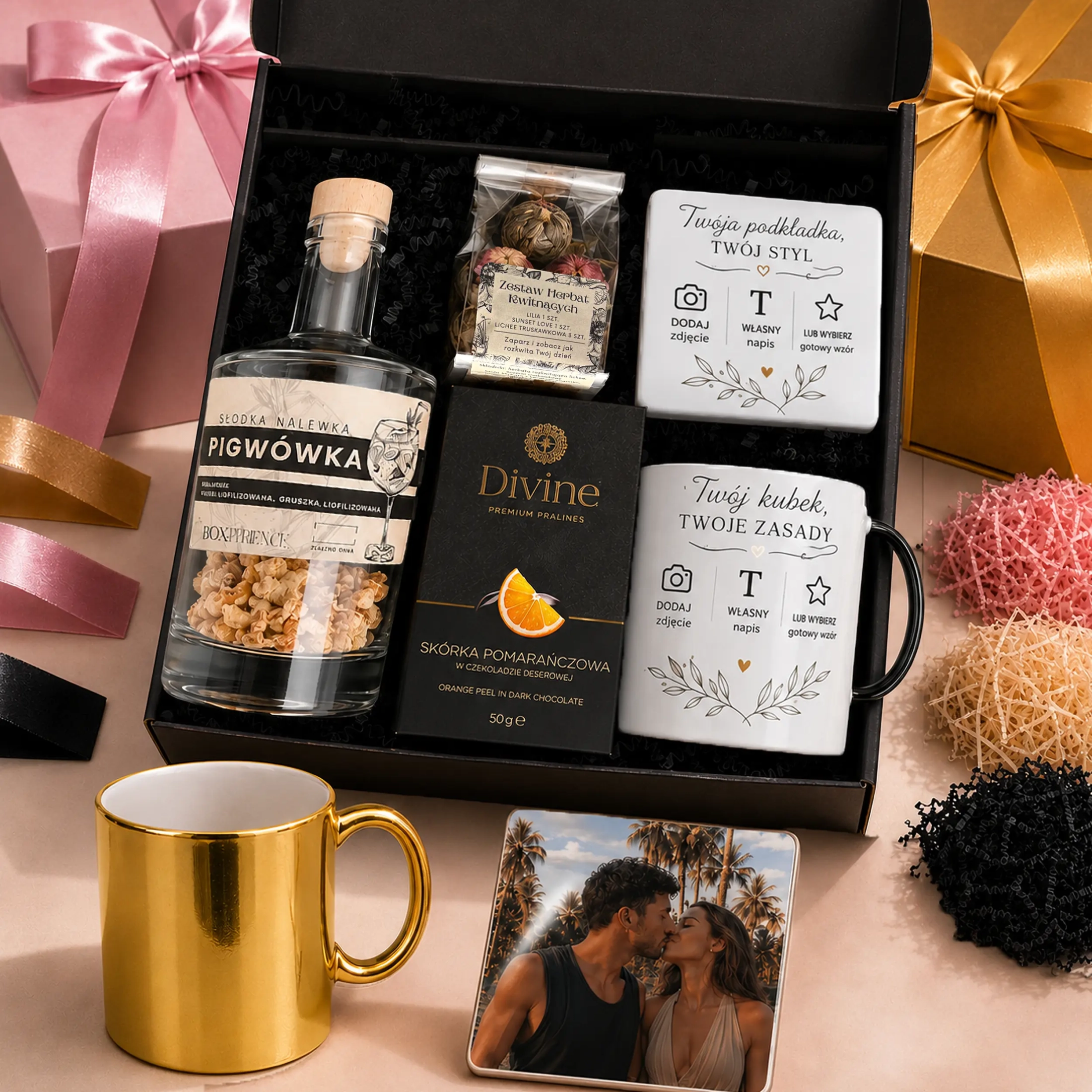 Stwórz własny personalizowany box prezentowy z kubkiem, podkładką, nalewką, herbatami i słodyczami