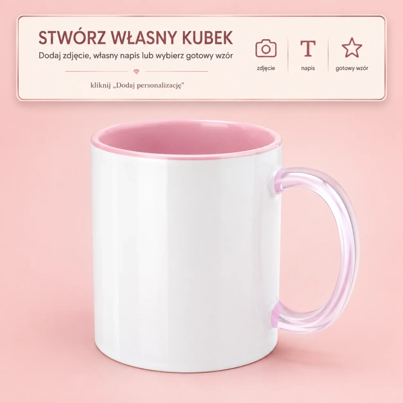 Personalizowany kubek ceramiczny 330 ml z różowym wnętrzem i uchem