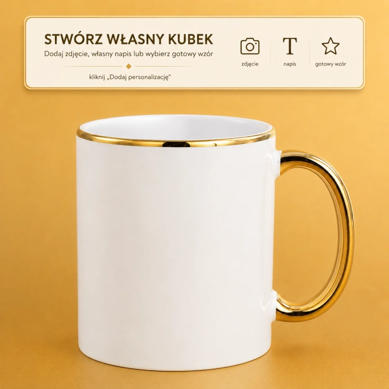 Personalizowany biały kubek 330 ml ze złotym rantem i uchem