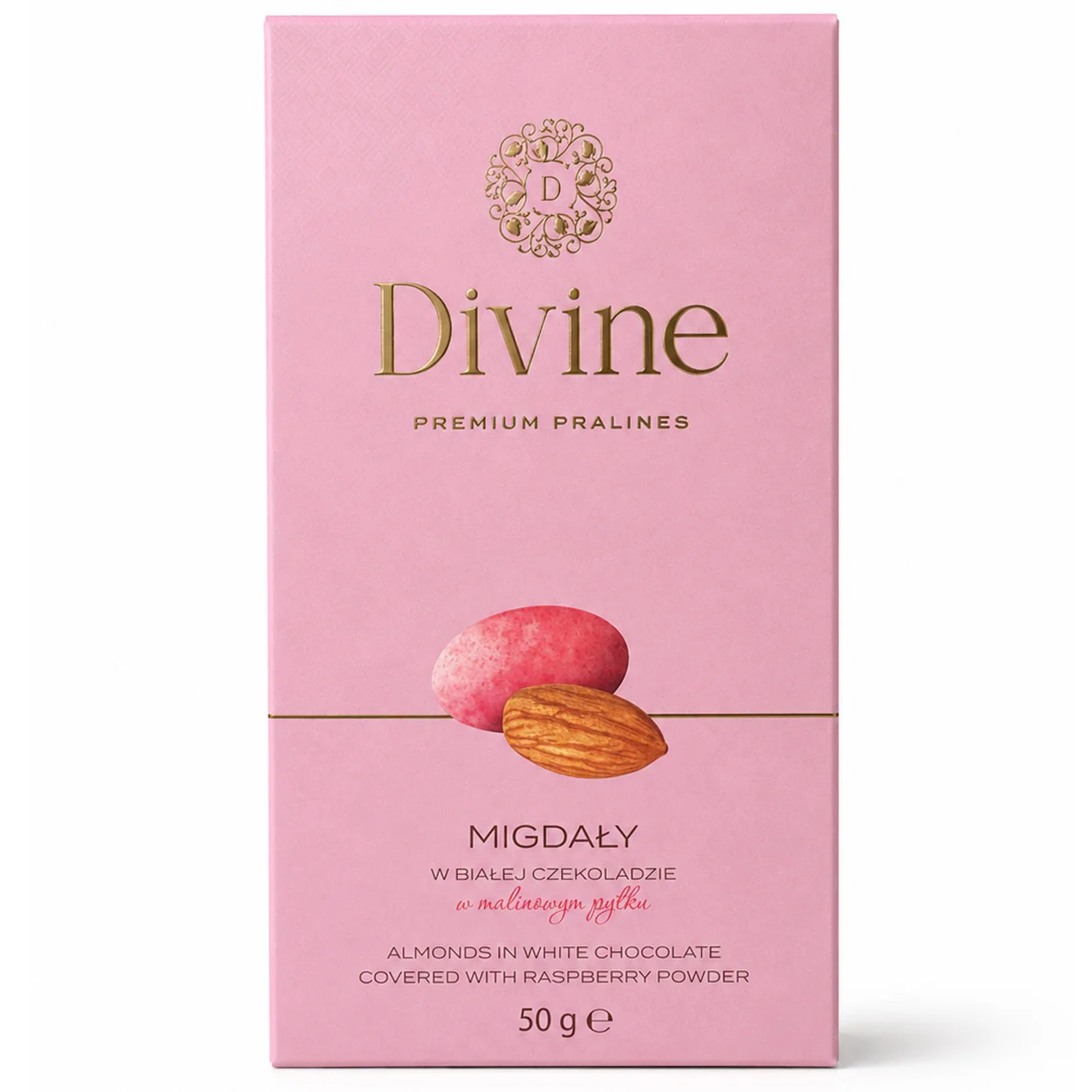 Opakowanie migdałów w białej czekoladzie z malinowym pyłkiem DIVINE
