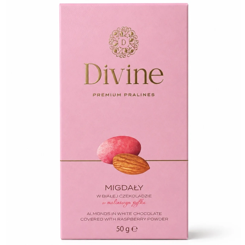 Opakowanie migdałów w białej czekoladzie z malinowym pyłkiem DIVINE