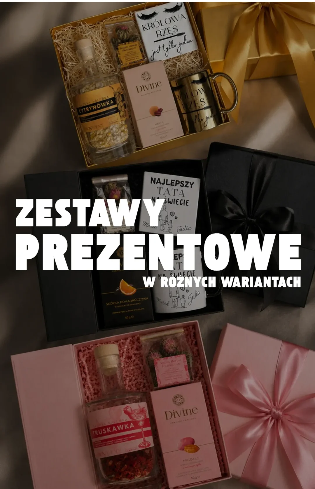 Personalizowane boxy prezentowe z kubkami, słodyczami i zestawami do przygotowania nalewek