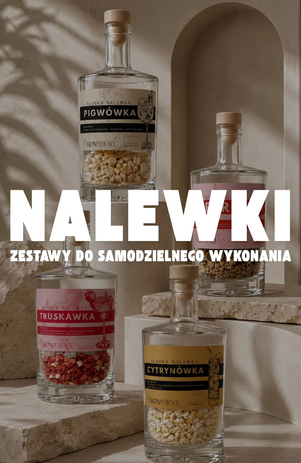 Zestawy do samodzielnego przygotowania nalewek truskawkowej, pigwowej i cytrynowej