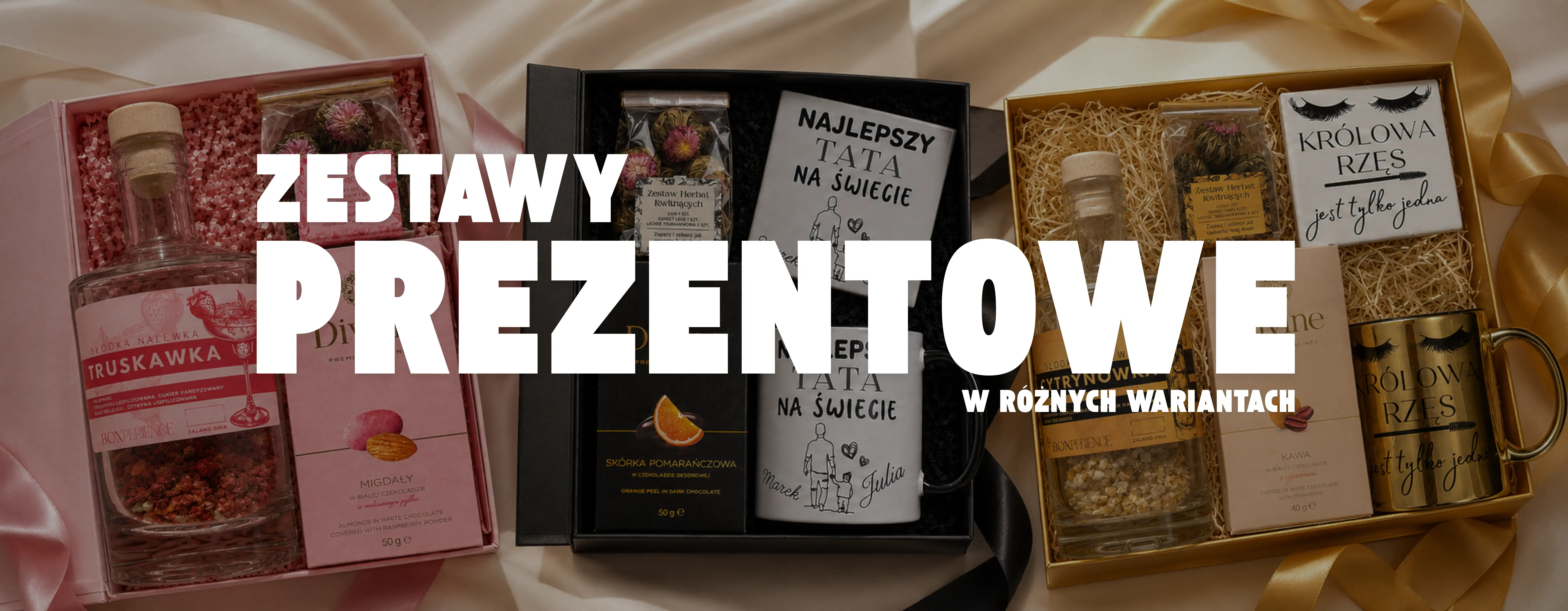 Personalizowane boxy prezentowe z kubkami, słodyczami i zestawami do przygotowania nalewek